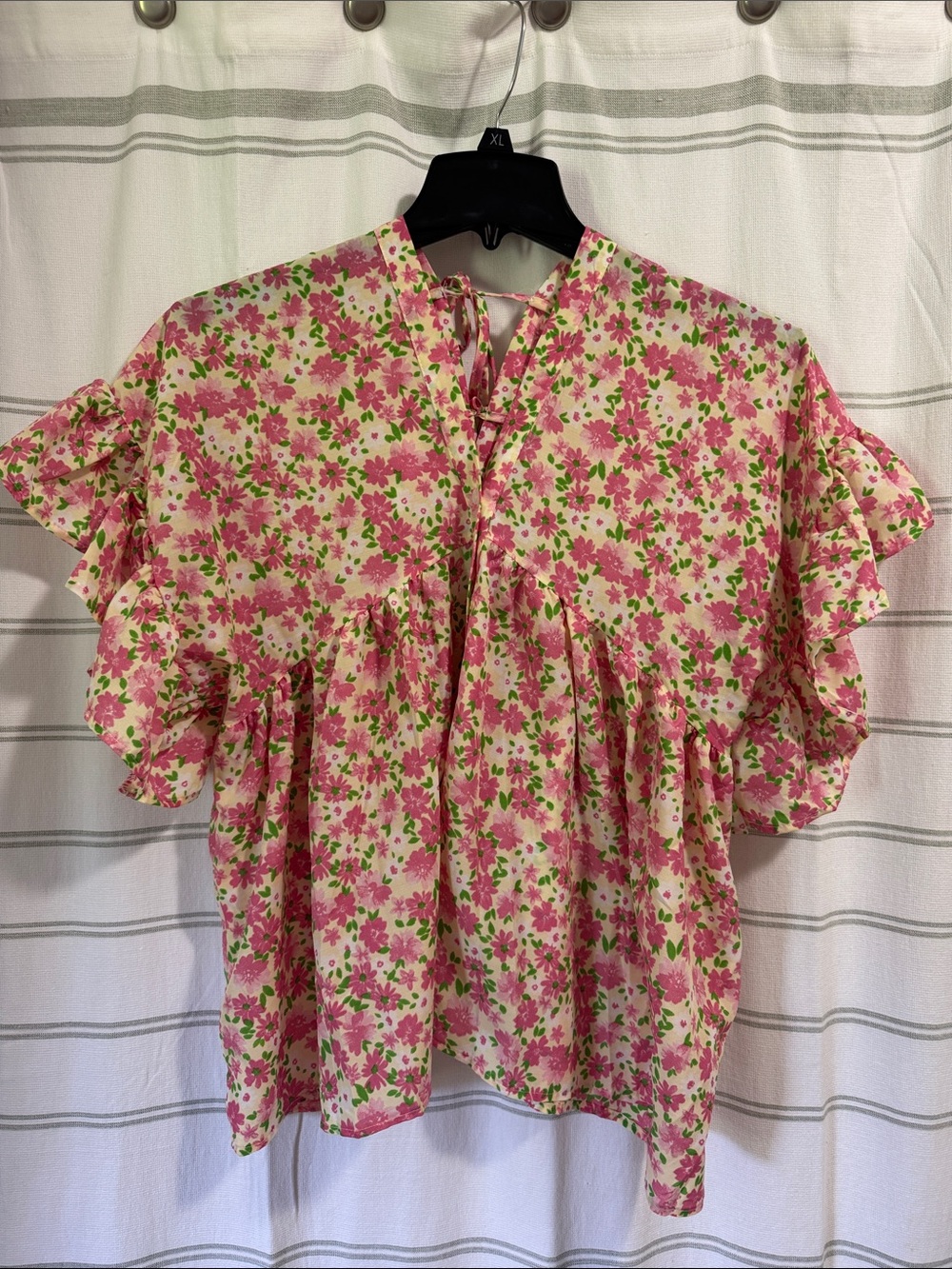 Beulah Pink and Green Floral Ruffle-Sleeve Blouse